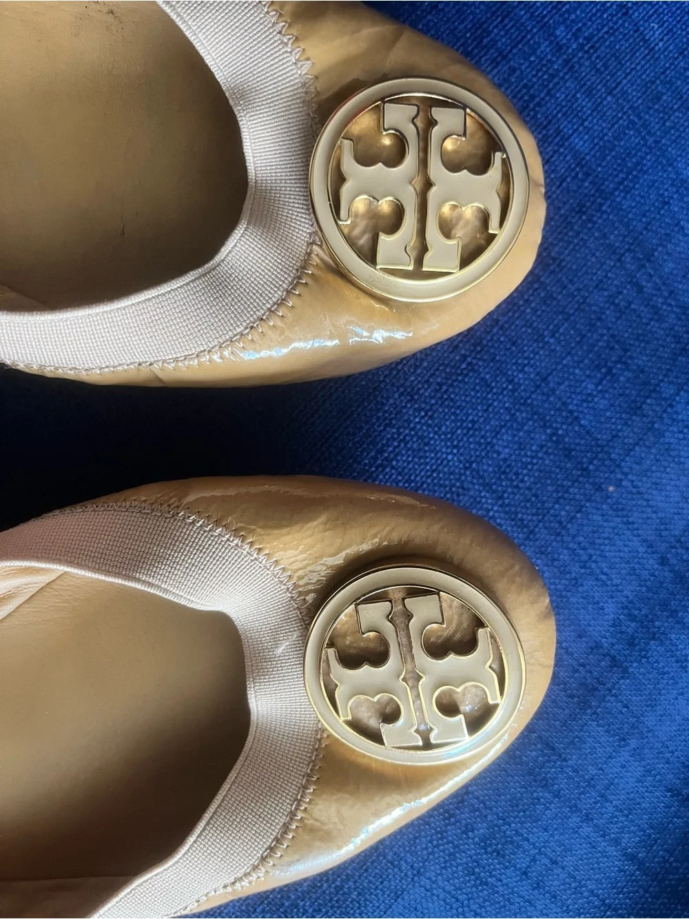 Tory Burch Two-Tone Beige Patent Leather Logo Ballet Flats
